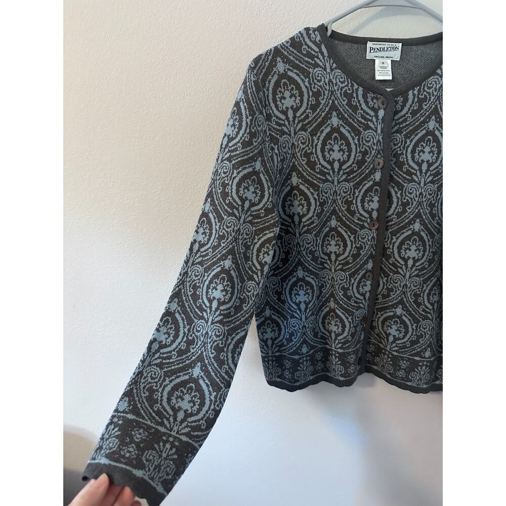 Pendleton Medium 100% Merino Wool Cardigan Gray Blue Button Front Sweater - Picture 2 of 5
